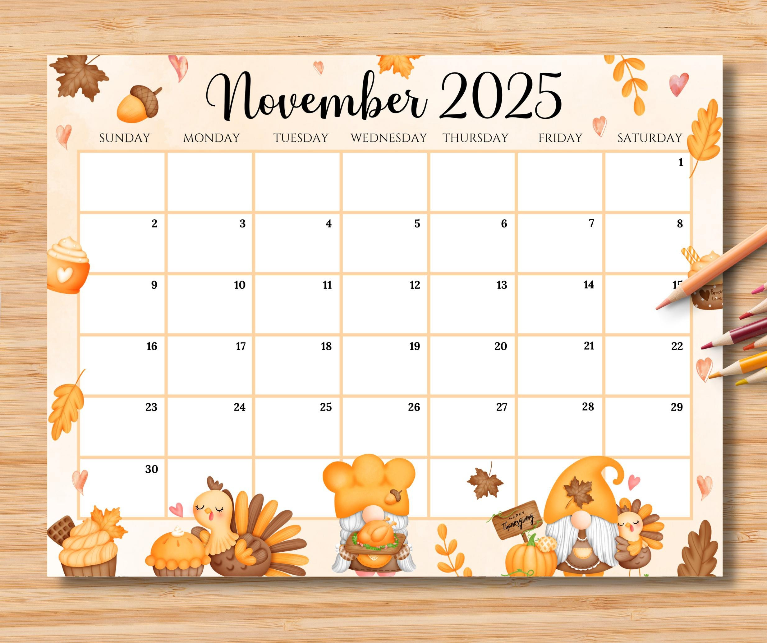 Editable November 2025 Calendar, Happy Thanksgiving With Cute in November 2025 Calendar Thanksgiving