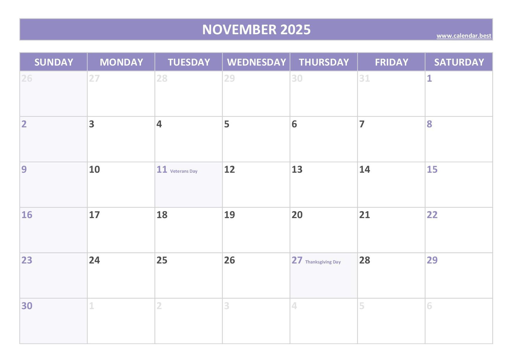 November 2025 Calendar -Calendar.best for November 2025 Calendar With Holidays