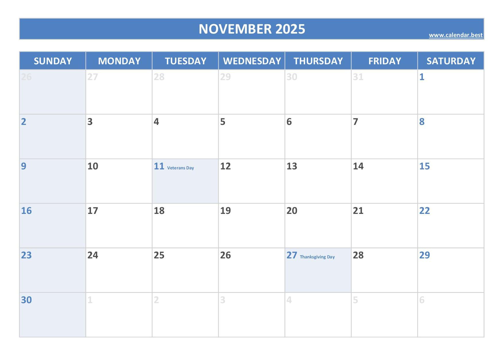 November 2025 Calendar -Calendar.best for Printable Calendar November 2025 With Holidays