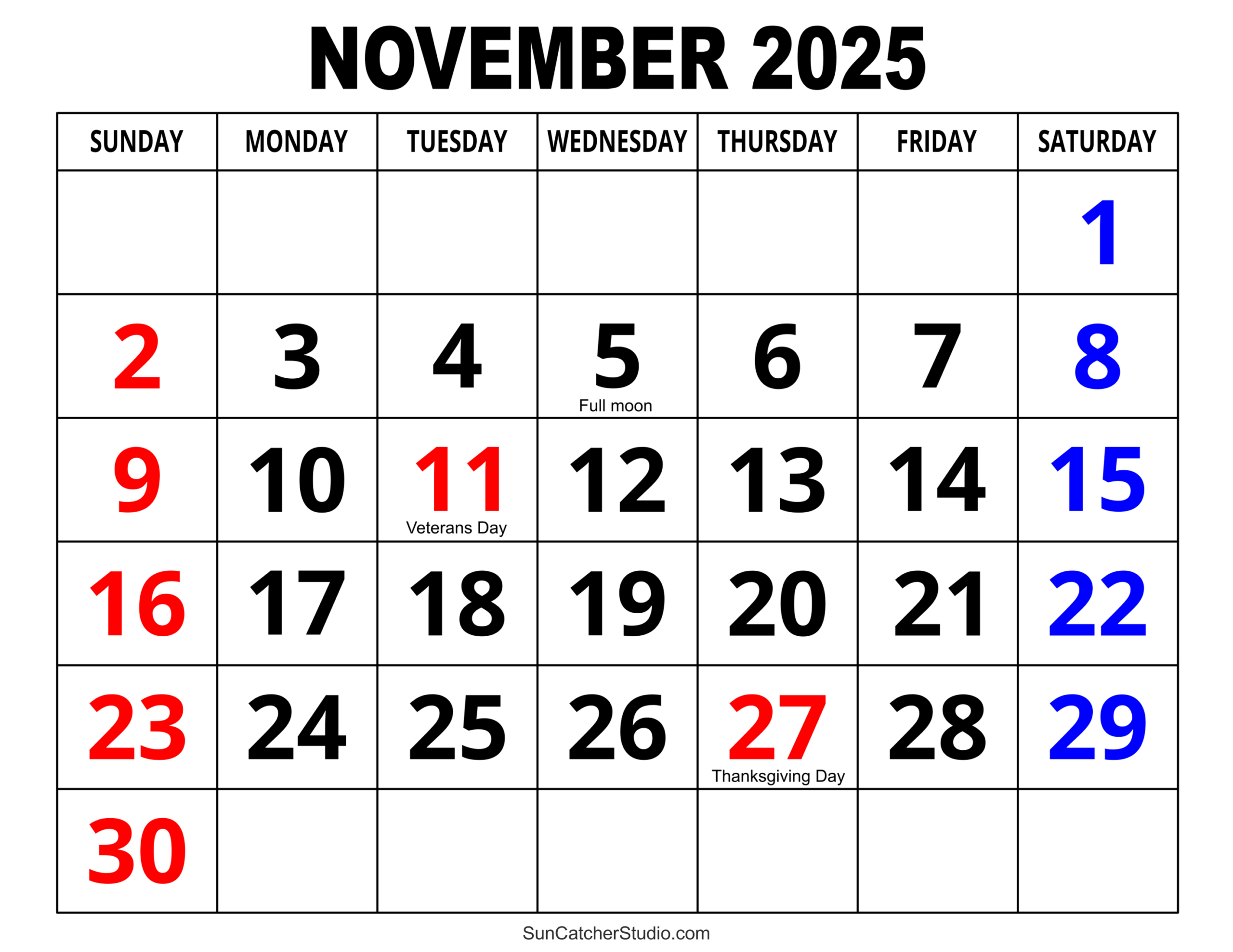 November 2025 Calendar (Free Printable) – Free Printables with regard to Printable Calendar November 2025 with Holidays