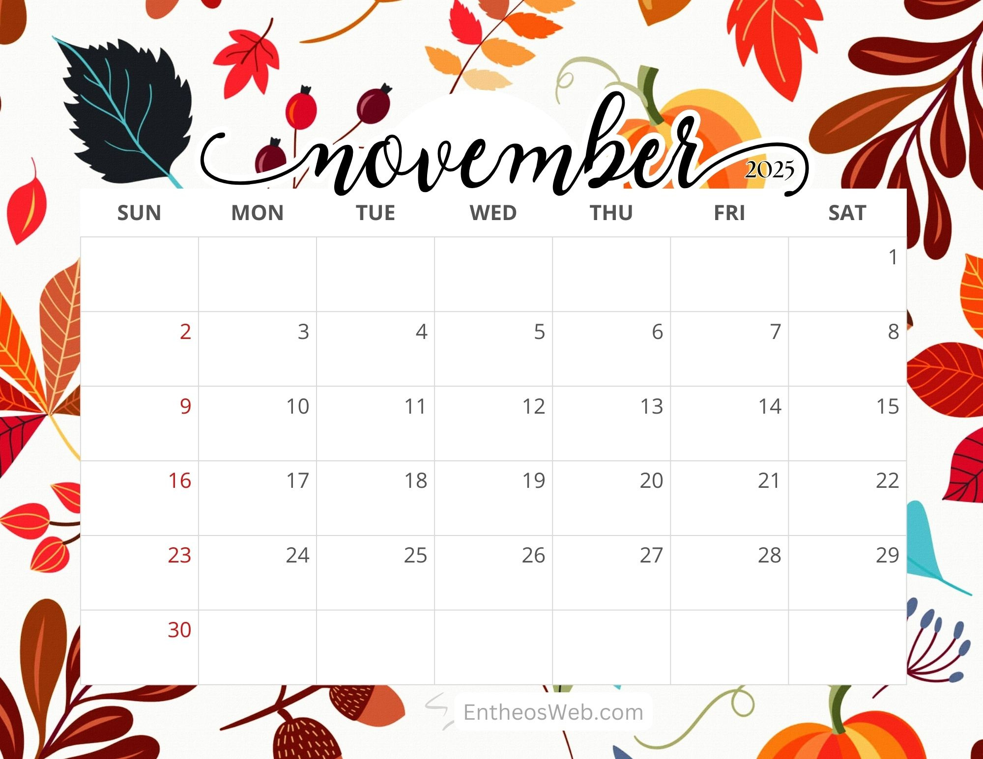 November 2025 Calendar Free Printables | Entheosweb for November 2025 Calendar Printable Free