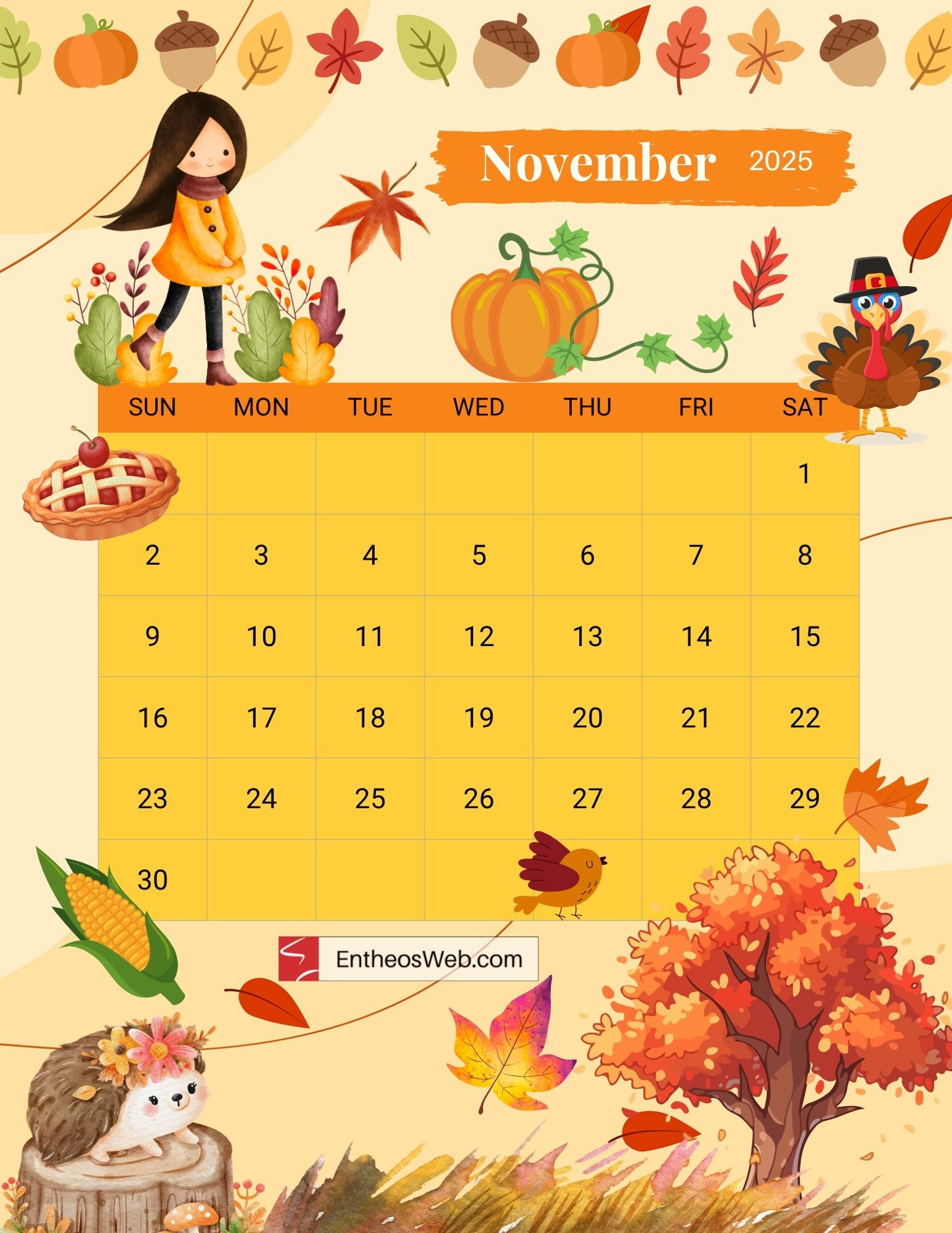November 2025 Calendar Free Printables | Entheosweb regarding November 2025 Calendar Thanksgiving