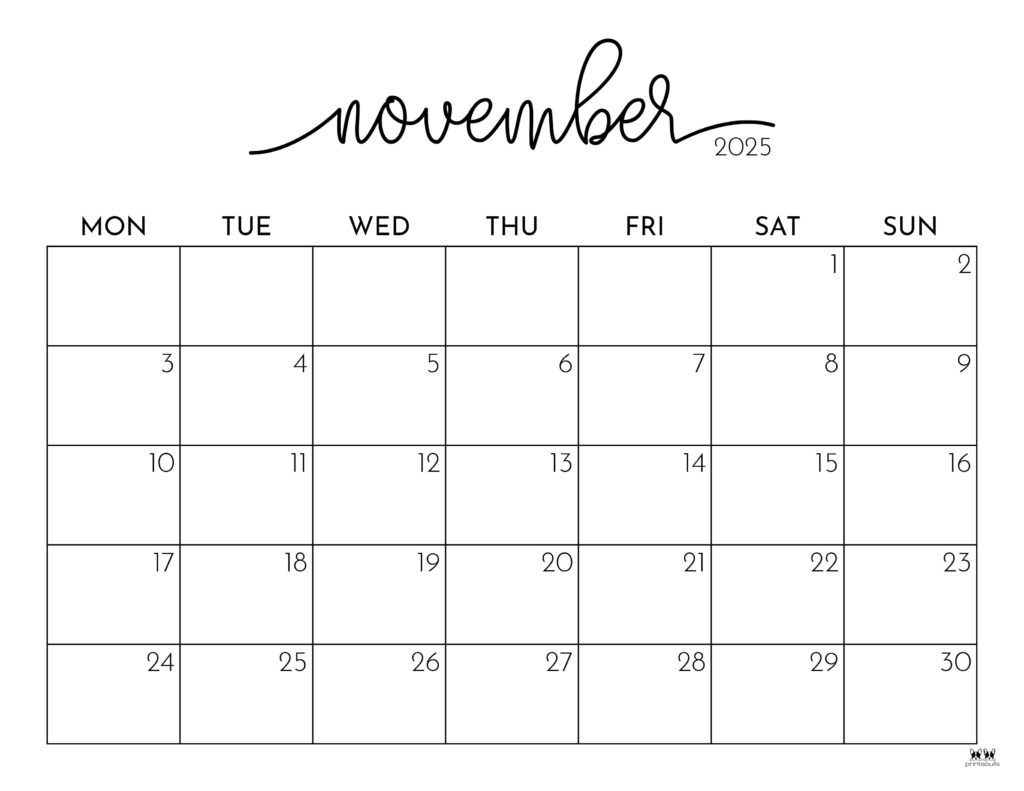 November 2025 Calendars - 107 Free Printables | Printabulls with regard to November 2025 Calendar Printable