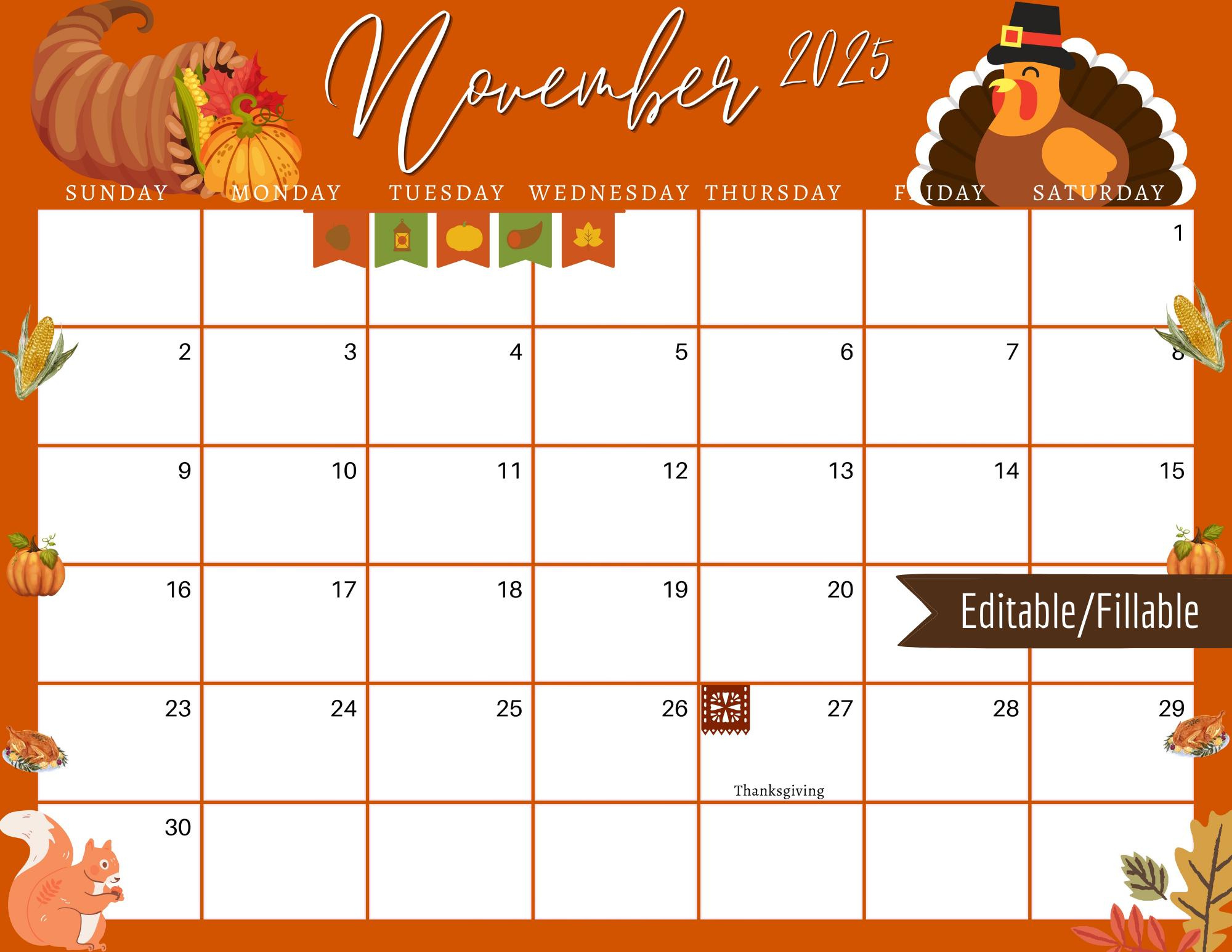 November 2025 Thanksgiving-Planer: Bearbeitbarer Druckbarer with regard to November 2025 Calendar Thanksgiving
