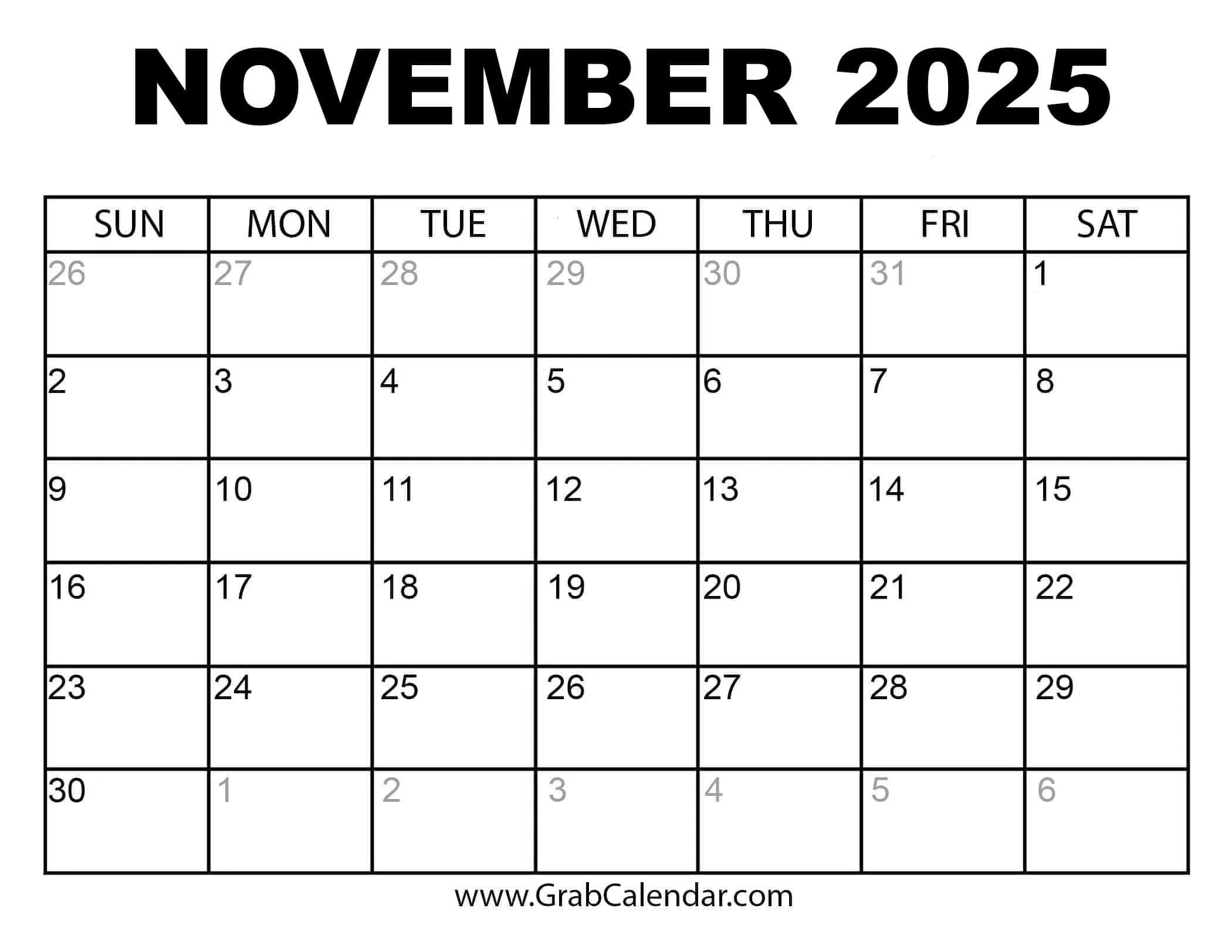 Printable November 2025 Calendar inside Printable Calendar November 2025
